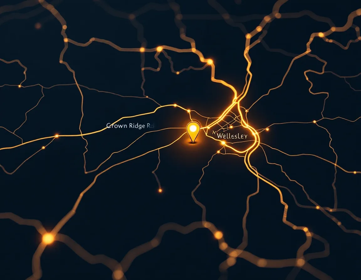 Stylized map of Wellesley, MA marking Convolt on Crown Ridge Rd