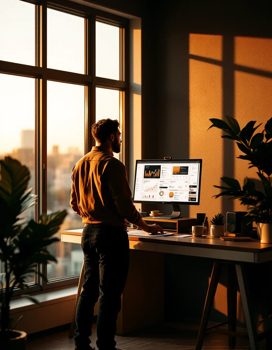 A media buyer at a standing desk in warm golden-hour window light