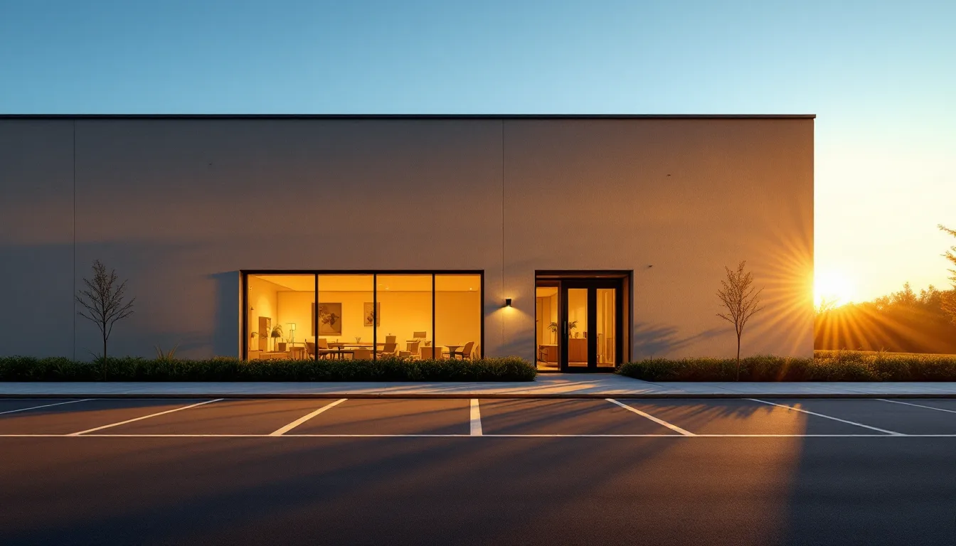Golden-hour light across an office exterior with long shadows